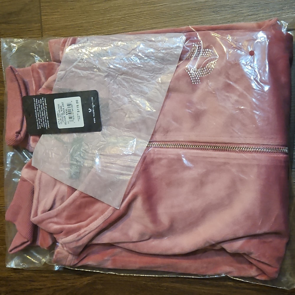 TRUE RELIGION CRYSTAL HORSESHOE VELOUR TRACK JACKET COLOR BABY PINK SZ  XXXL - Picture 8 of 11